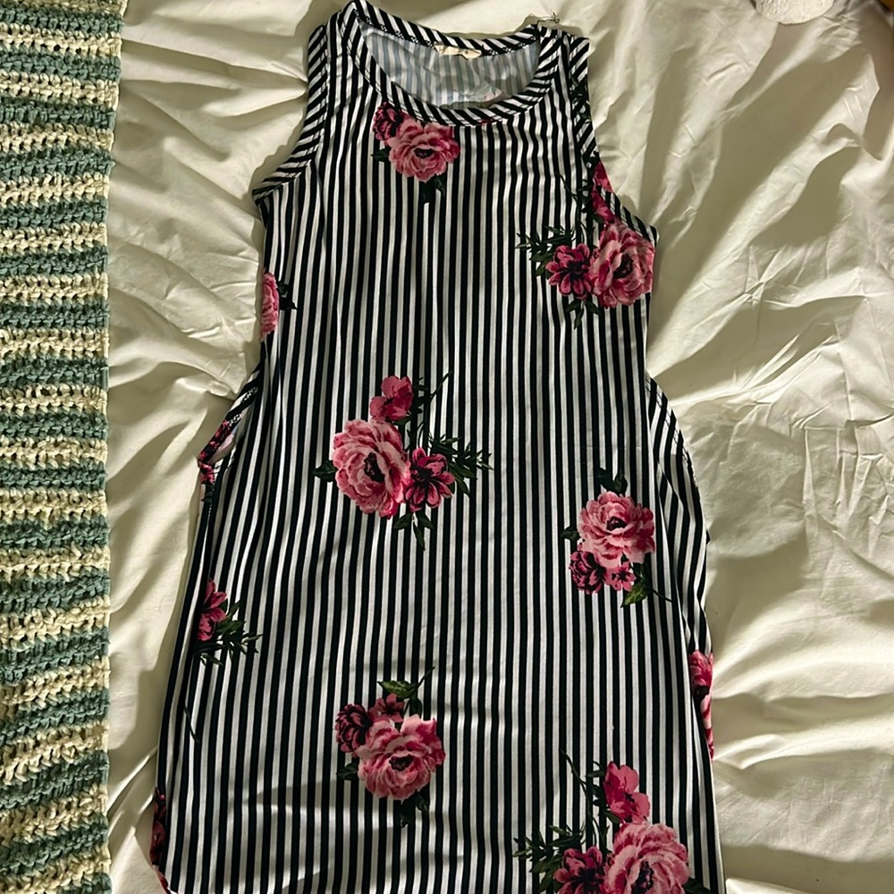 Black, white, and pick floral midi dress